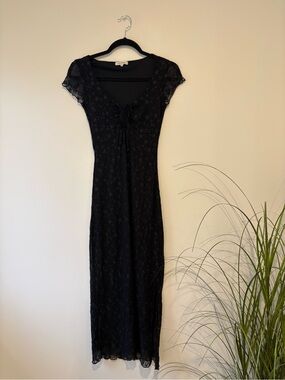 Black Lace-Detail Midi Dress with Tie Front